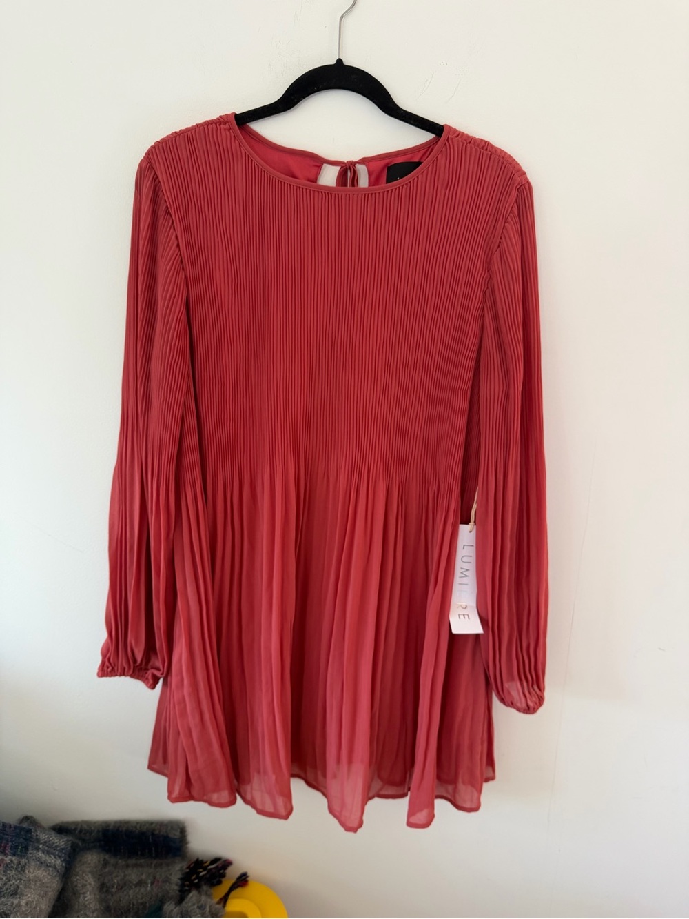 Lumiere Rose-Red Pleated Long Sleeve Mini Dress